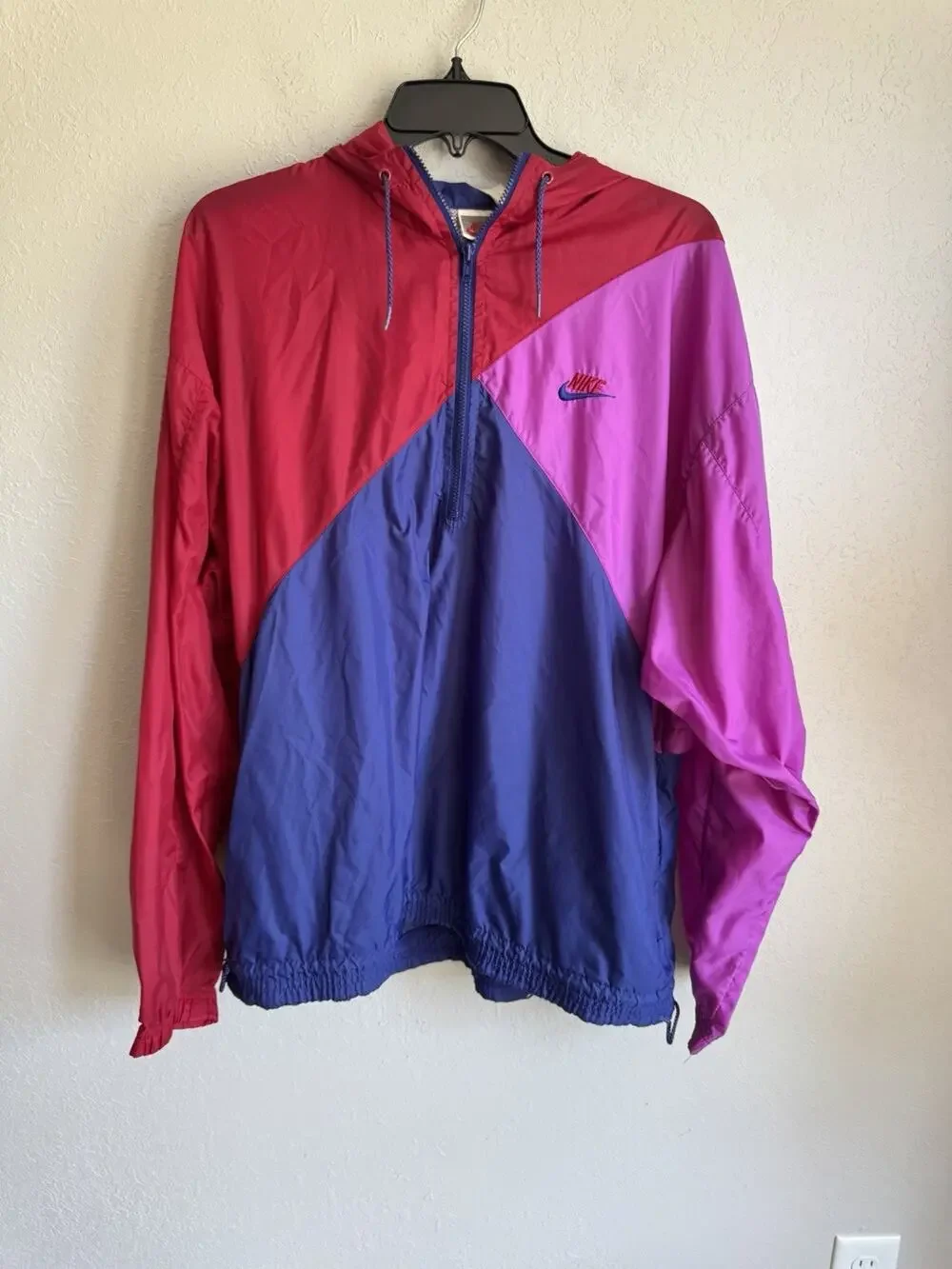 Vintage 80s 90s Nike Gray Label Red Pink Blue Colorblock Rain Quarter Zip Men L